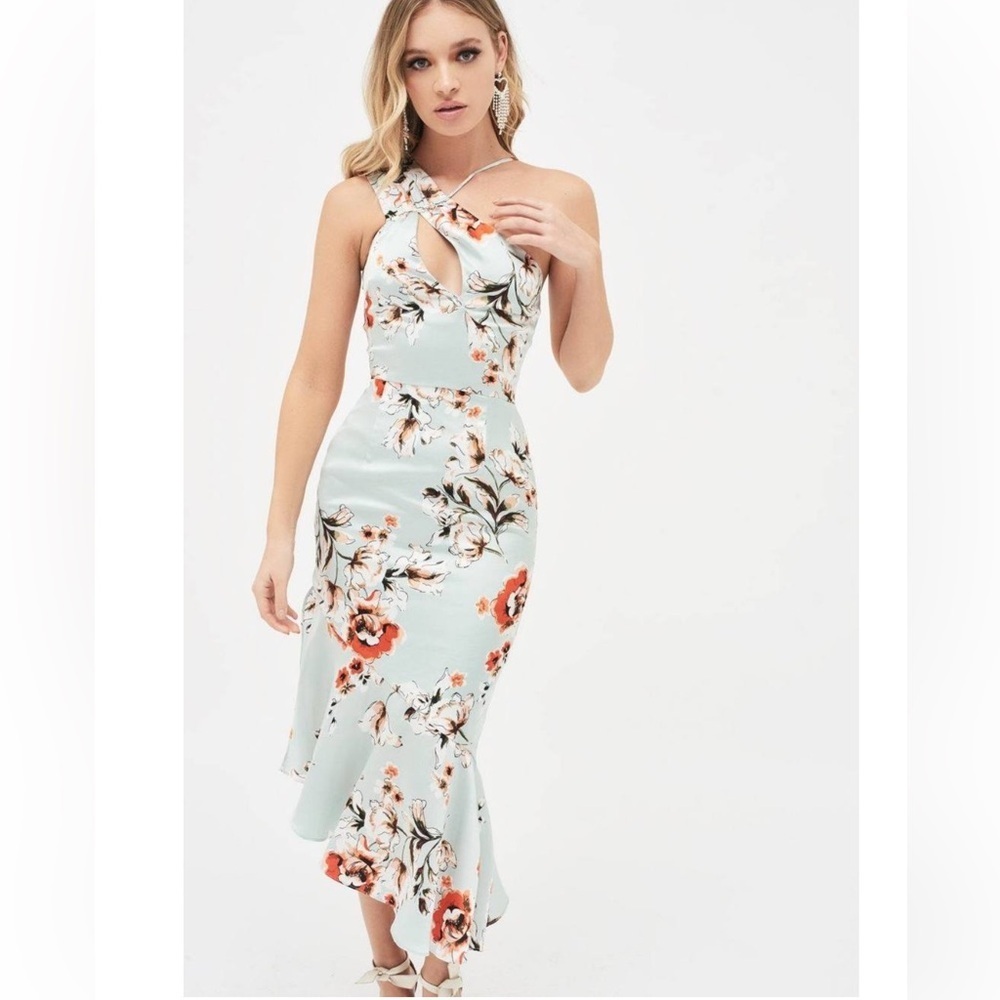 Lavish Alice One Shoulder Cut Out Asymmetric Midi Dress In Floral Print sz 4